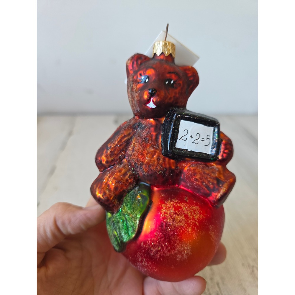 Vintage radko teachers pet bear Apple glass glitter ornament Xmas tree